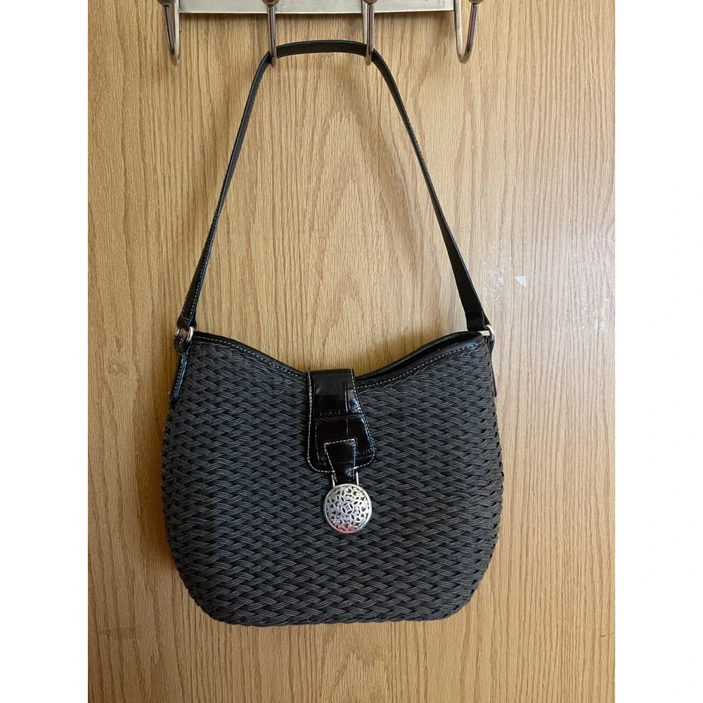 Brighton Woven Straw Shoulder Bag Black Croc Leather Trim Grey Hobo Purse